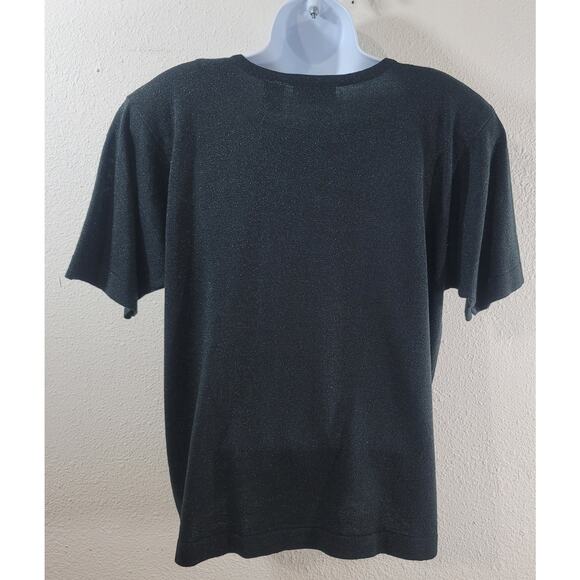 VTG Arlando Black Sparkly Round Neck Short Sleeve Top Large Lightweight Stretchy - Picture 2 of 6
